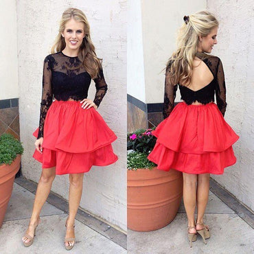 Long Sleeve Black Lace Red Skirt Two Piece Homecoming Dresses 2018, BDY0252
