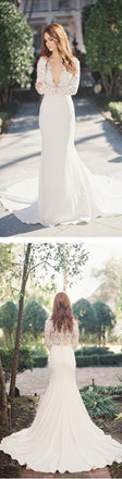 Sexy Deep V-Neck Lace Top Mermaid Wedding Party Dresses, long sleeve wedding gown ,WDY0104