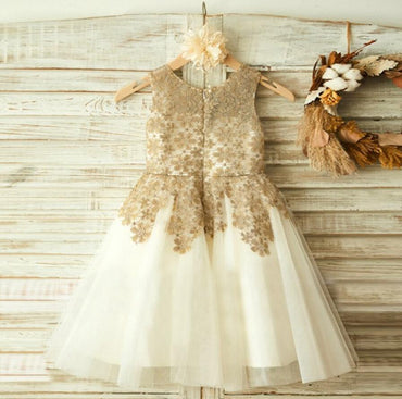 Gold Lace Sleeveless Tulle Flower Girl Dresses, Little Girl Dresses, Cheap Flower Girl Dresses, FGY0120