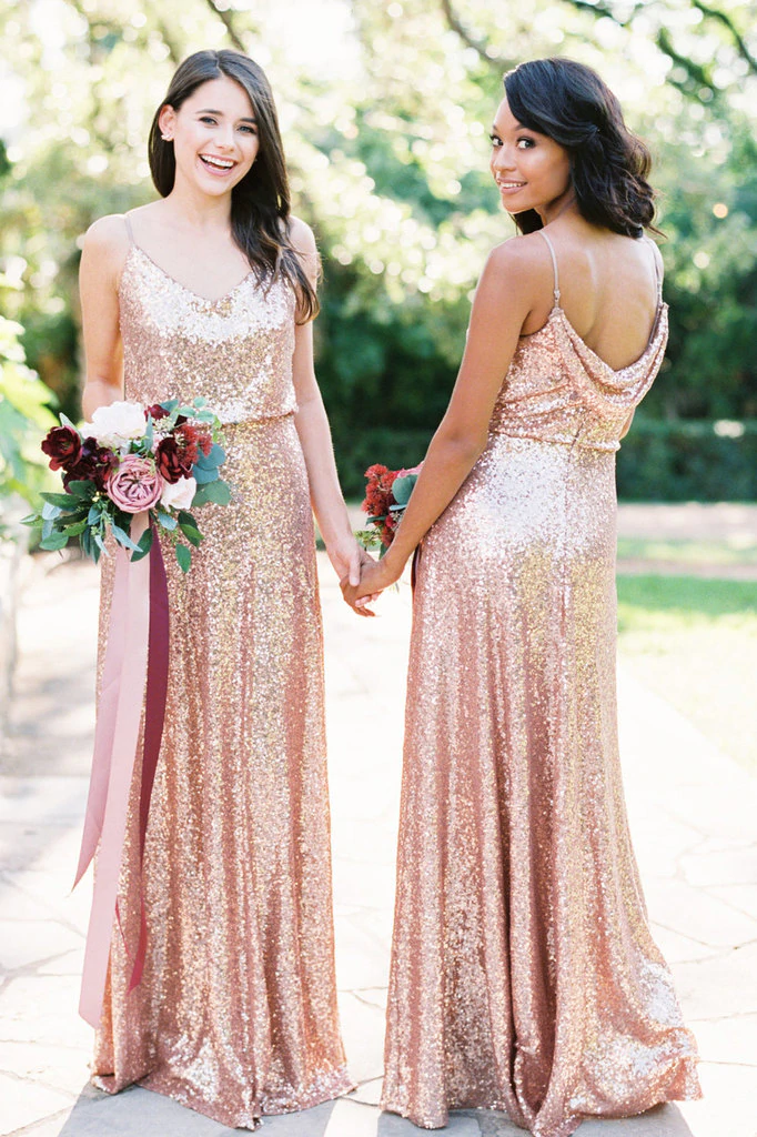 Spaghetti Straps Rose Gold Sequin Bridesmaid Dresses,Cheap Bridesmaid Dresses,WGY0389