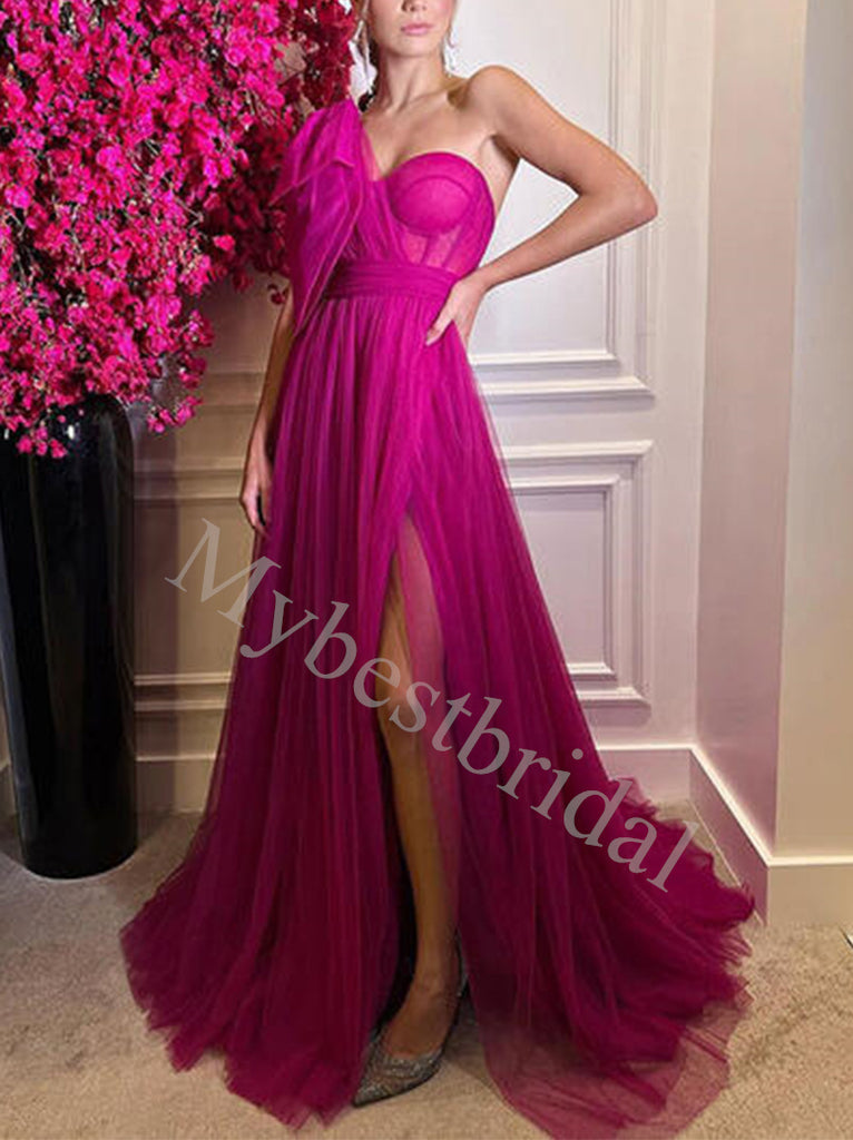 Elegant One shoulder Side slit A-line Prom Dresses,PDS0810