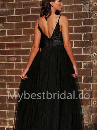 Sexy V-neck Sleeveless Spaghetti straps Side slit A-line Prom Dresses, PDS0545