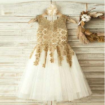 Gold Lace Sleeveless Tulle Flower Girl Dresses, Little Girl Dresses, Cheap Flower Girl Dresses, FGY0120