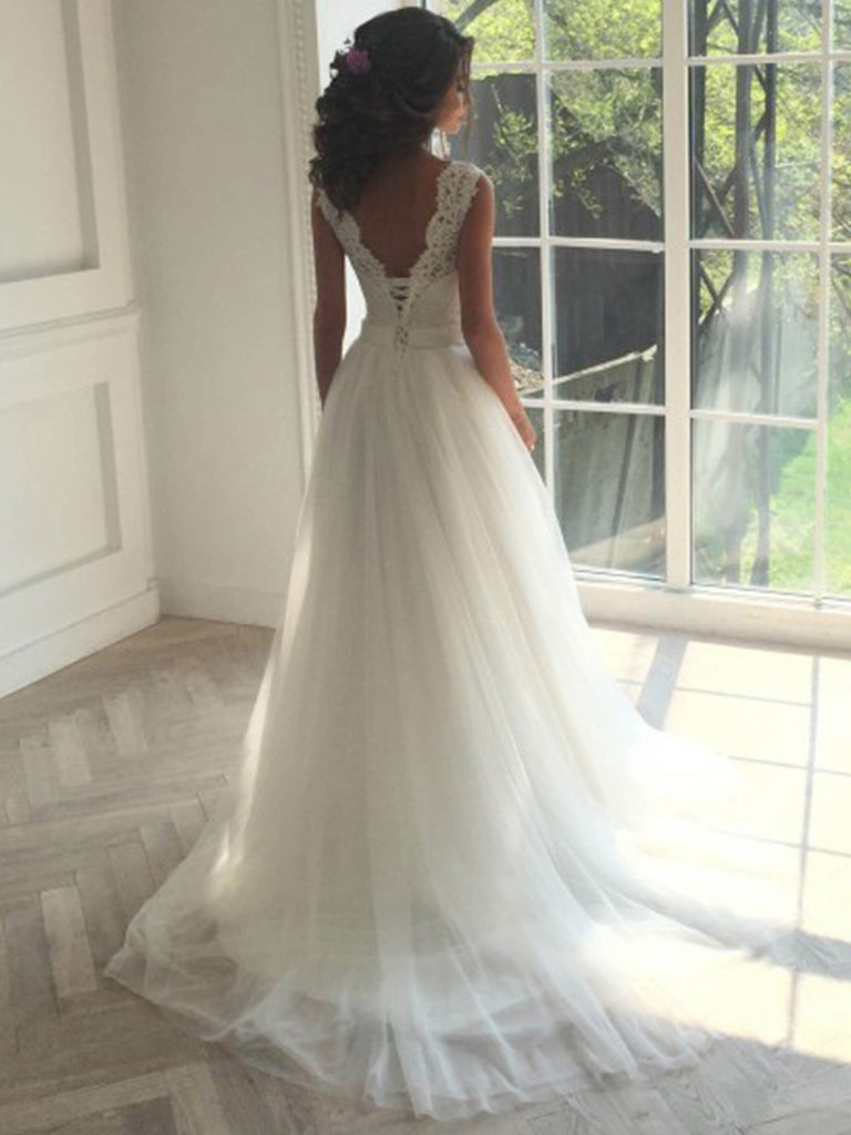 Elegant Long A-line Two Pieces Lace Top Sweetheart White Tulle Wedding Dresses, WDY0132