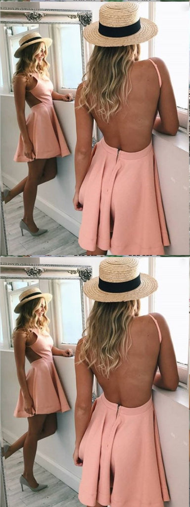 A-Line Bateau Backless Short Pink Satin Homecoming Dress,Short Prom Dresses,BDY0322