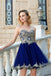 Sweetheart Gold Lace Beaded Blue Short Cheap Homecoming Dresses Online, BDY0346
