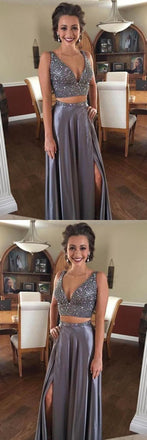 Two Piece Deep V Neck Slit Beaded Grey Chiffon Prom Dressses ,Cheap Prom Dresses,PDY0433