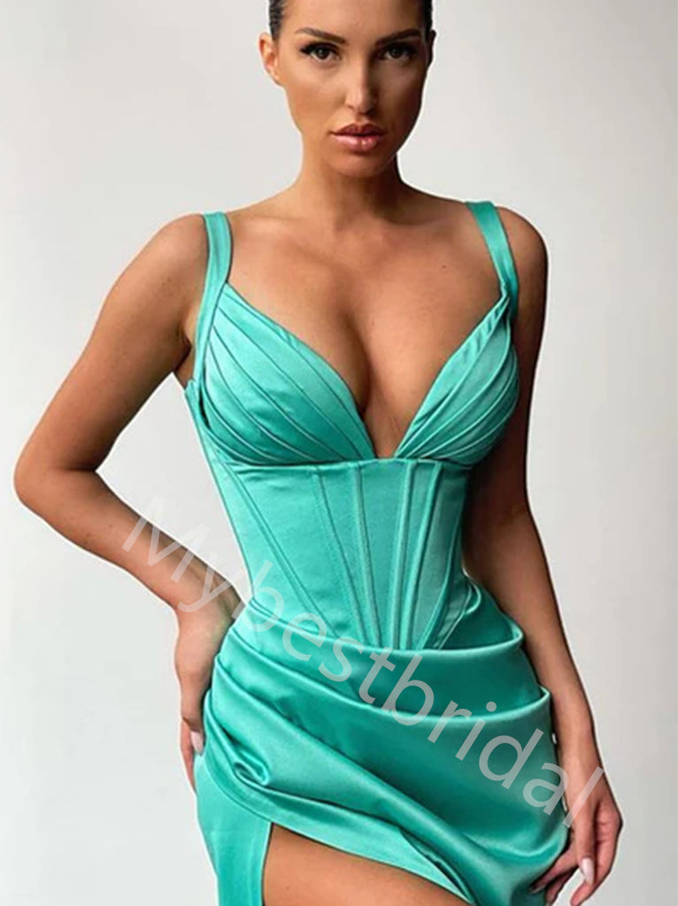 Sexy V-neck Spaghetti straps Side slit Mermaid Prom Dresses,PDS0755