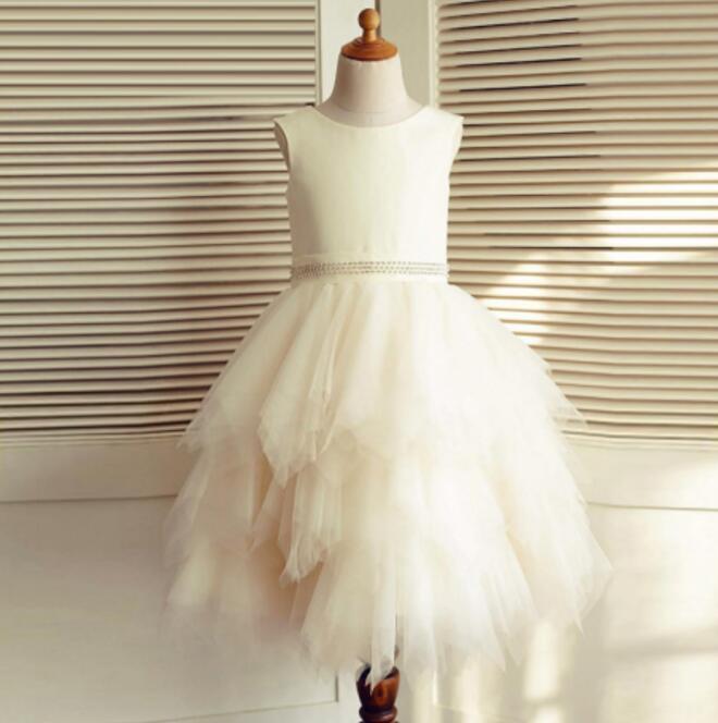 Ivory Satin Top Beaded Belt Tulle Flower Girl Dresses, Pixie Tutu Dresses, Little Girl Dresses, FGY0142