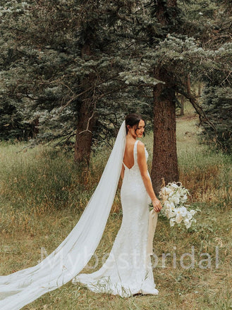 Simple V-neck Mermaid Lace applique Wedding Dresses, WDY0196