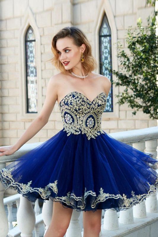 Sweetheart Gold Lace Beaded Blue Short Cheap Homecoming Dresses Online mybestbridal Sweetheart Gold Lace Beaded Blue Short Cheap Homecoming Dresses Online mybestbridal