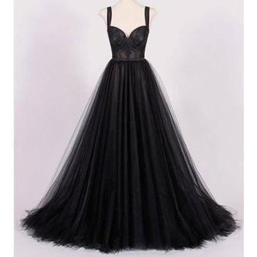 Strap Black Appliques A-line Tulle Prom Dresses, Affordable Evening Dresses, BG0354