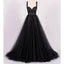 Strap Black Appliques A-line Tulle Prom Dresses, Affordable Evening Dresses, BG0354
