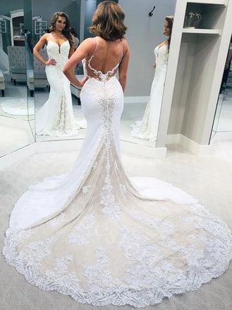 Sexy V-neck Sleeveless Mermaid Lace applique Wedding Dresses,WDY0332