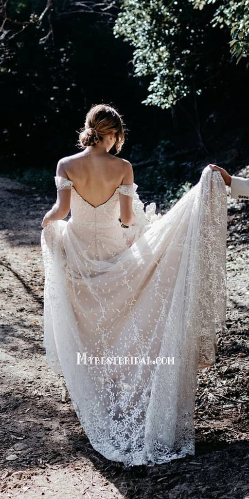 Off Shoulder Lace Appliqued Tulle A-line Long Cheap Wedding Dresses, WDS0061