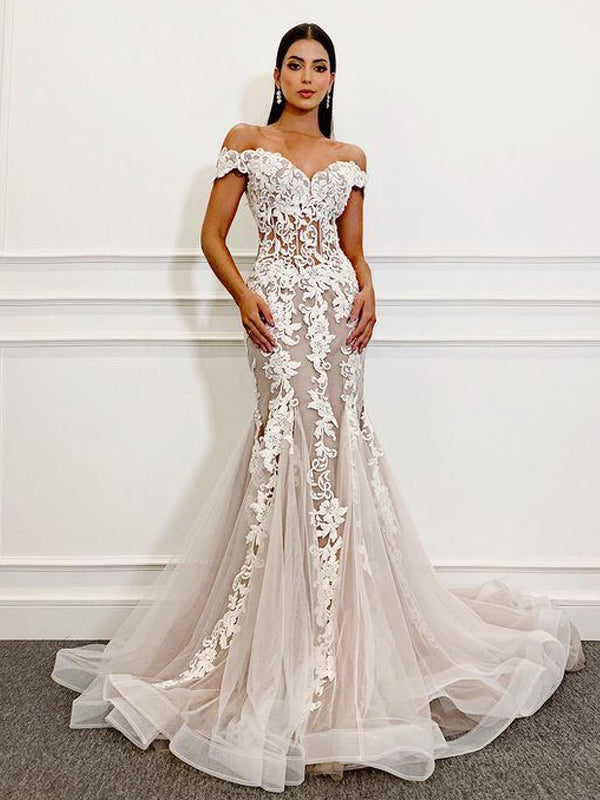 Beautiful Off-shoulder Mermaid Lace Long Cheap Wedding Dresses, WDS0007
