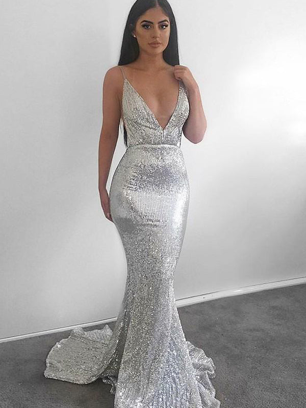 Sexy Mermaid V-neck Sweep Train Sequined Long Prom Dresses, PDY0169