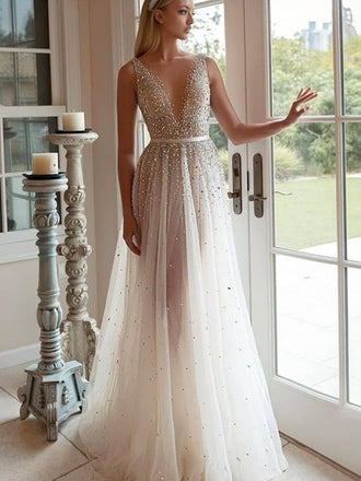Popular V-neck A-line Tulle Floor-length Simple Long Wedding Dresses, PDS0212