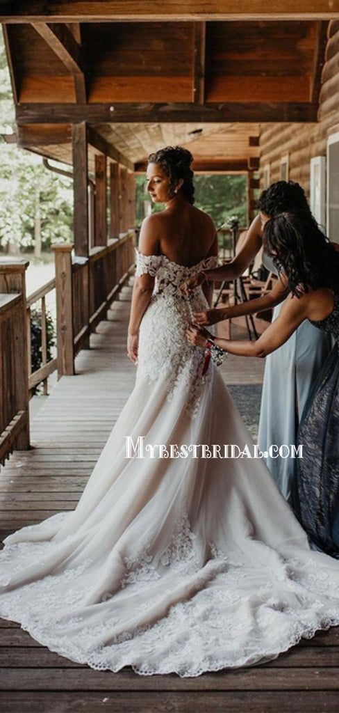 New Arrival Off-shoulder Mermaid Lace Long Wedding Dresses, WDS0077