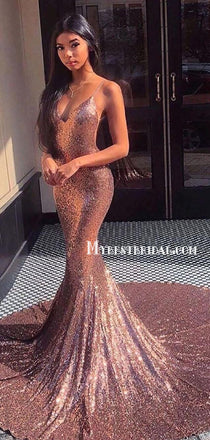 Mermaid Spaghetti Straps Backless Sequin Prom Dresses,Cheap Prom Dresses,PDY0495
