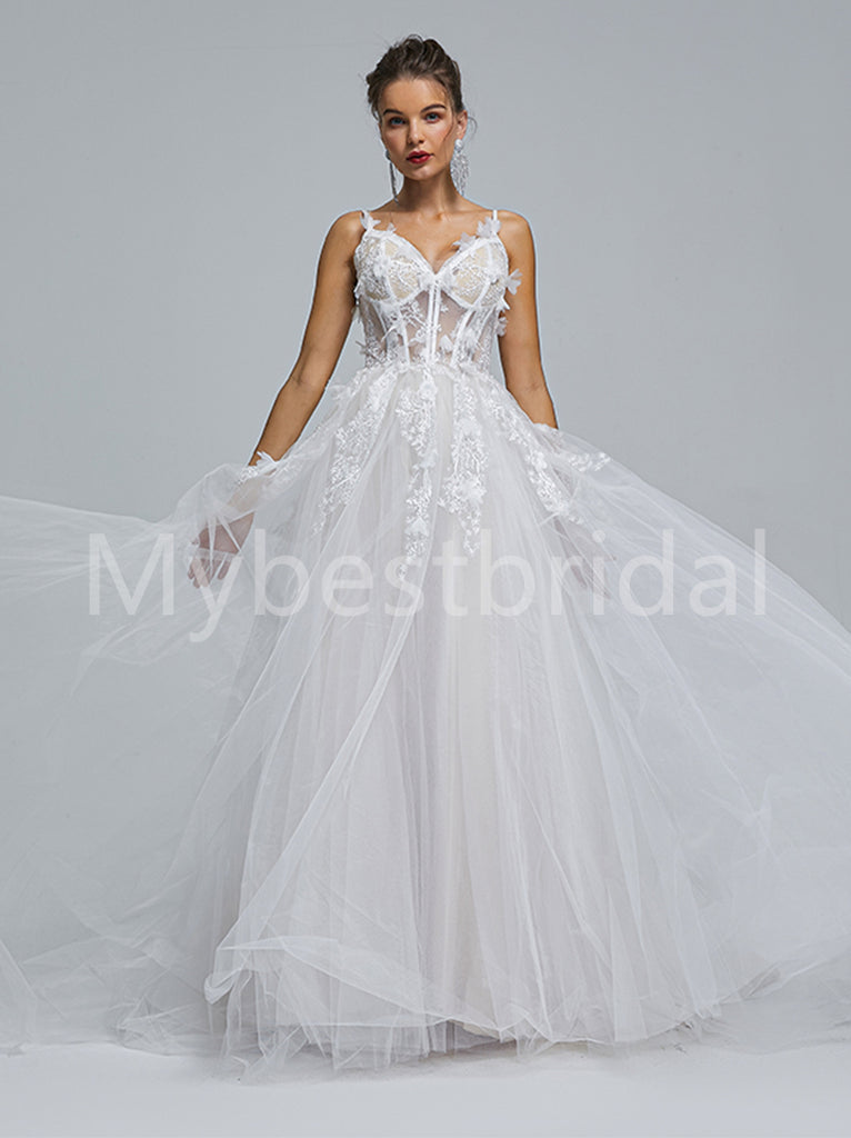 Elegant Spaghetti straps V-neck A-line Lace applique Wedding Dresses, WDY0267