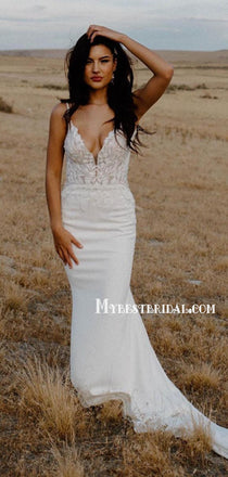 Simple V Neck Lace Mermaid Charming Wedding Dresses Online, WDY0241