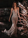 Sparkly V-neck Mermaid Open Back See-through Cheap Wedding Dresses, WDY0298
