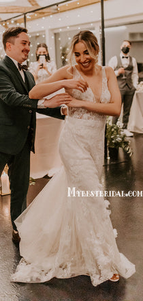 Charming V-neck Ivory Tulle Lace Appliqued Long Cheap Wedding Dresses, WDS0006