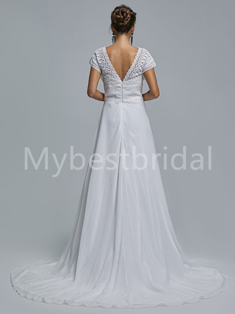 Elegant Cap sleeves V-neck A-line Lace applique Wedding Dresses, WDY0271