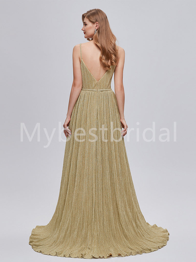 Elegant V-neck Spaghetti straps A-line Prom Dresses, PDS0512