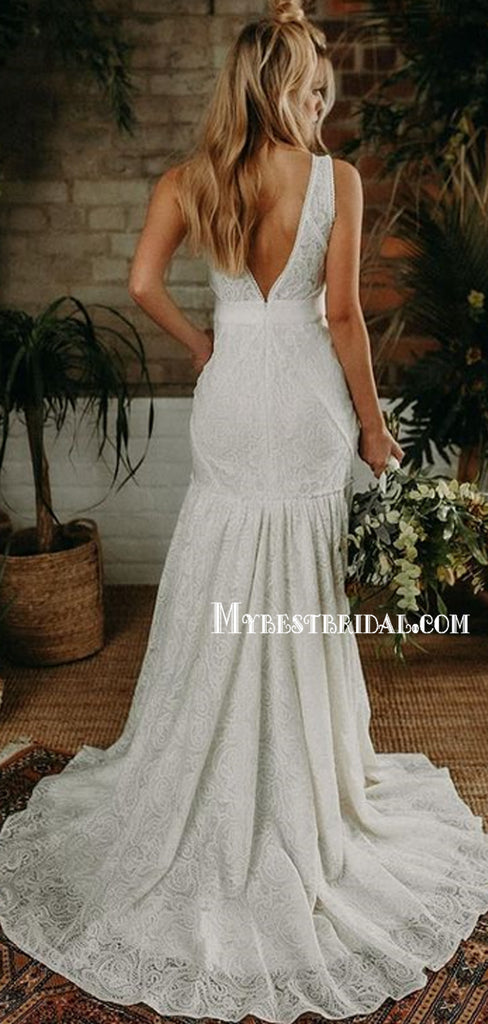 Charming V-neck Mermaid Lace V-back Long Wedding Dresses With Train, WDS0091