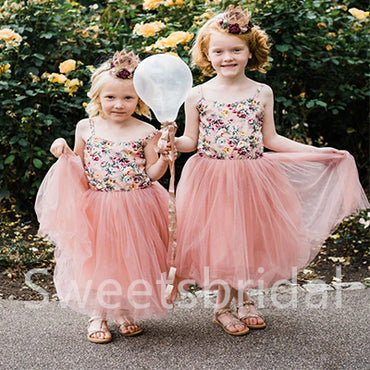 Lovely Tulle Print A-line Long Cheap Flower Girl Dresses, FGS0027