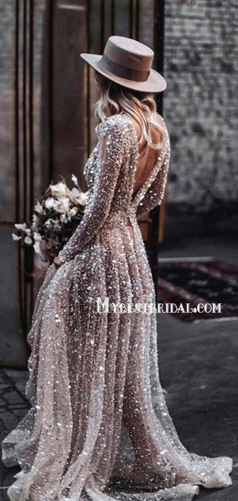 Sparkly Scoop Neck Long Sleeve Open Back Long Cheap Wedding Dresses, WDS0002