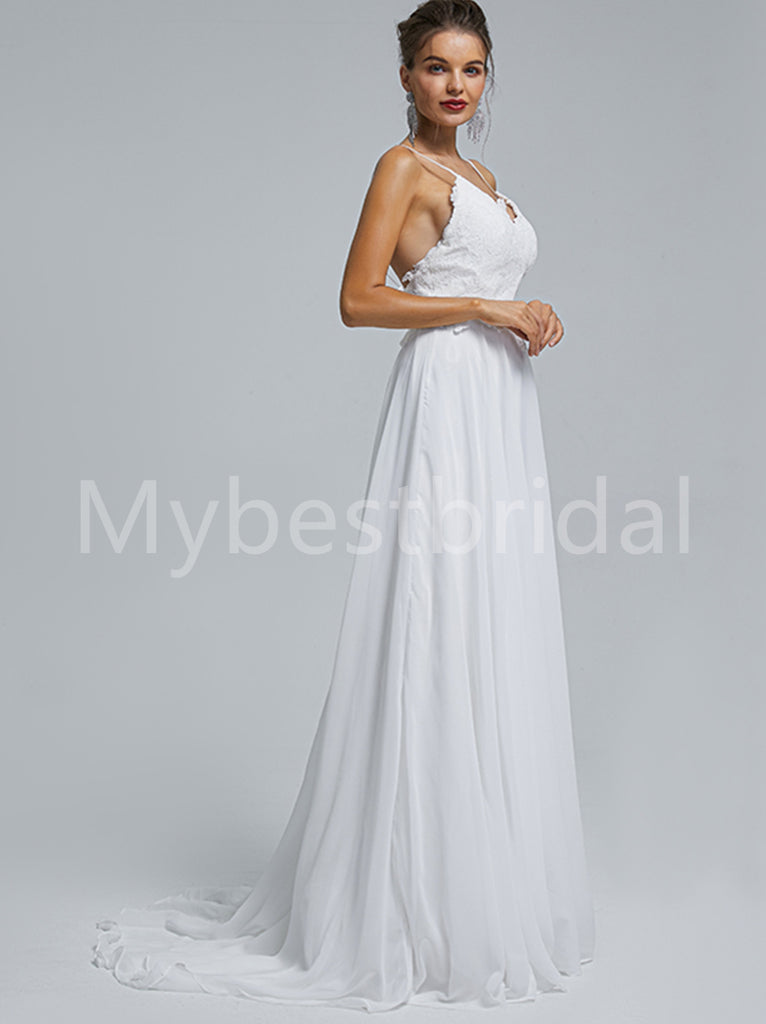 Elegant Spaghetti straps V-neck A-line Lace applique Wedding Dresses, WDY0268