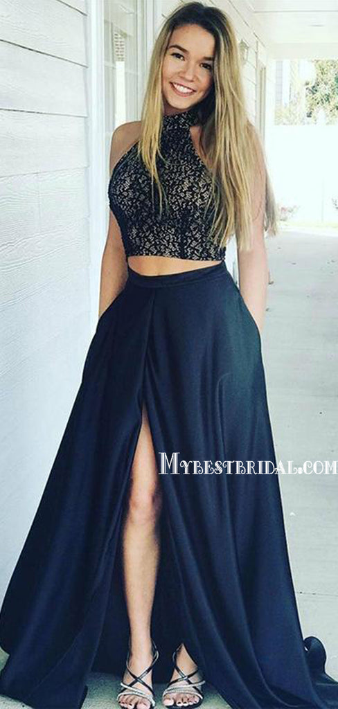 2 Pieces Lace Top Prom Dresses, Front Slit Prom Dresses, Satin Prom Dresses, Long Prom Dresses, BG0391