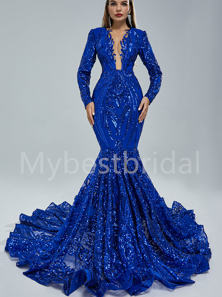 Sexy V-neck Long sleeves Mermaid Prom Dresses, PDS0506