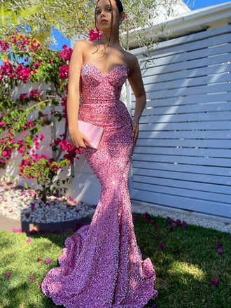 Mermaid Sweetheart Sequin Open Back Long Prom Dresses, PDS0159