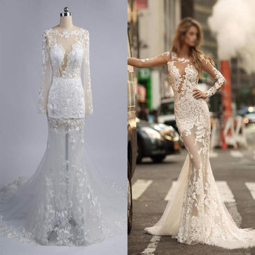 Sexy See Through Long Sleeve Lace Tulle Prom Wedding Dresses, Gorgeous Prom Dresses, BG0348