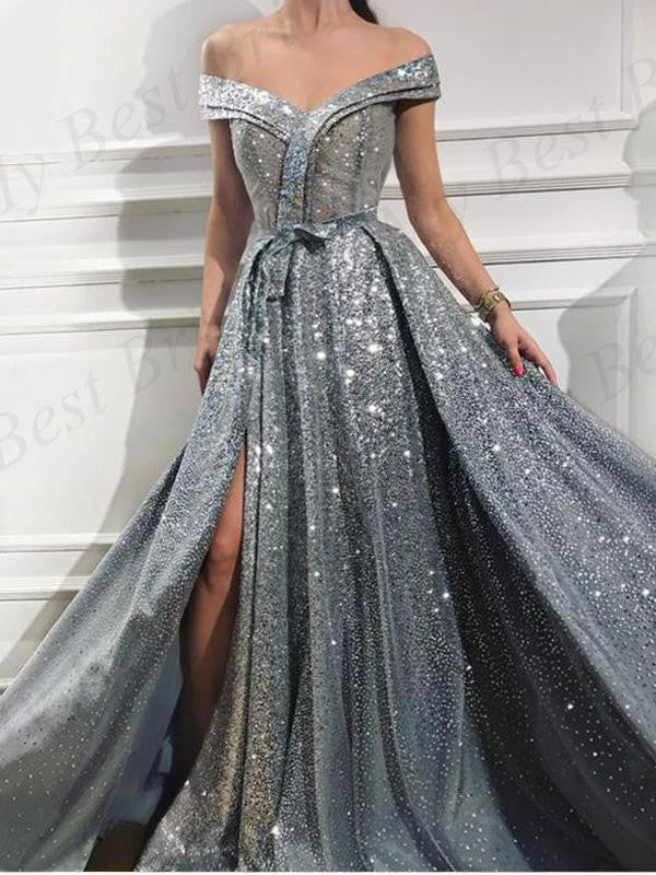 Off The Shoulder Gray Long Evening Party Dresses ,Cheap Prom Dresses,PDY0620