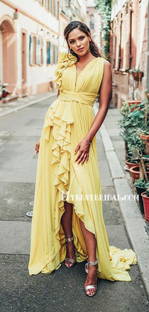 Lovely V-neck A-line Side Slit Chiffon Long Prom Dresses, PDS0256