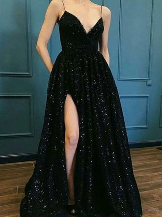 V-neck Black Sequin Long Prom Dresses ,Cheap Prom Dresses,PDY0441