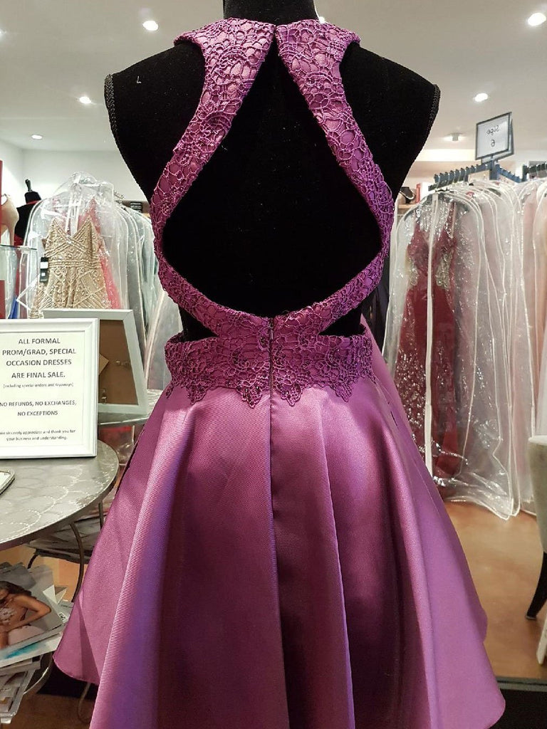 Stunning Purple Lace Applique Homecoming Dresses With Beading,Short Prom Dresses,BDY0166