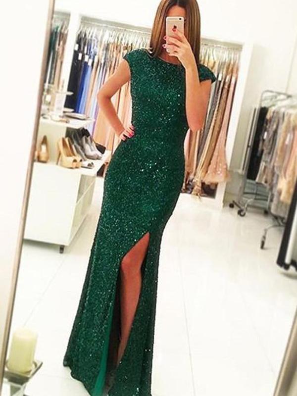 Mermaid Open Back Emerald Green Sequins Evening Dresses ,Cheap Prom Dresses,PDY0580