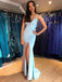 Mermaid Spaghetti Straps V-neck Blue Satin Prom Dresses,Cheap Prom Dresses,PDY0473
