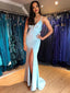 Mermaid Spaghetti Straps V-neck Blue Satin Prom Dresses,Cheap Prom Dresses,PDY0473
