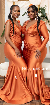 Mismatched Mermaid Simple Orange Long Bridesmaid Dresses, BDS0163