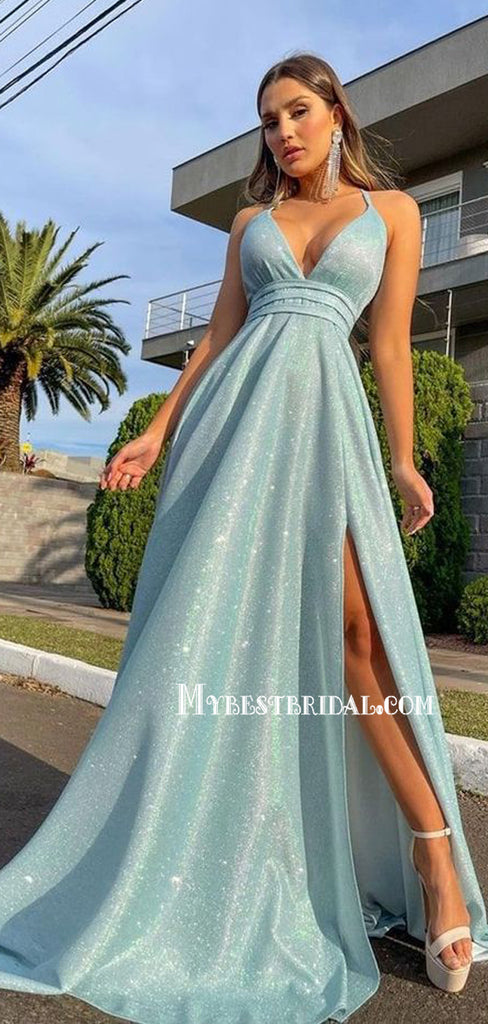 Charming V-neck A-line Sparkly Side Slit Long Prom Dresses PDS0312