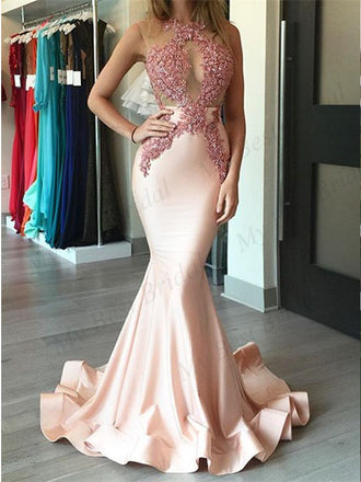 Mermaid Pink Applique Evening DressesWith Ruffles ,Cheap Prom Dresses,PDY0575