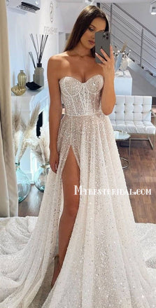 Sexy Sweetheart Unique A-line Side Slit Cheap Dresses For Wedding, WDY0265