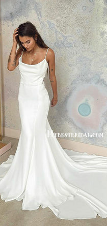 Mermaid Spaghetti Strap Open Back Cheap Long Wedding Dresses, WDS0067